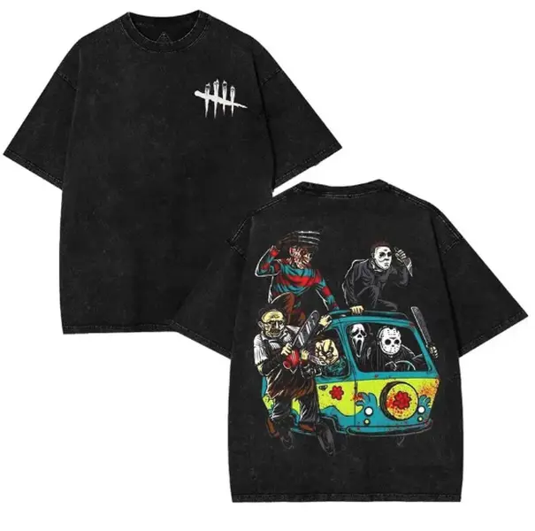 Men's Cotton Washed Oversized Ribbed Graphic Short Sleeve T-Shirt - Halloween Scary Dead By Daylight Cartoon Print Menswear, Retro Fashion Loose Round Neck Seamless Soft Casual Streetwear Gaming Top