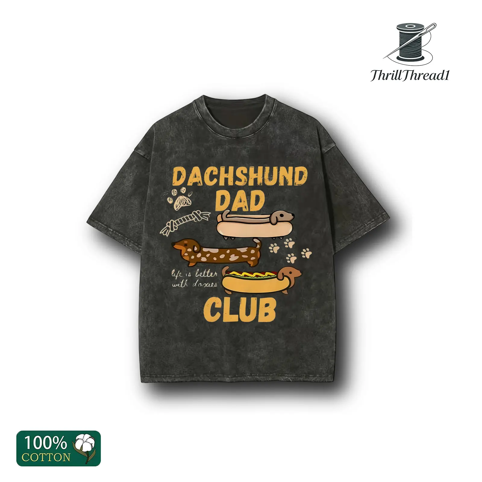 Dachshund Dad Club T-shirt, Unisex Casual Cotton Comfort Shirt Fit Option B, Vintage CrewNeck Acid Washed Oversized Drop Shoulder Heavyweight T-shirt, Baggy Workout Tops Short Sleeve Shirt