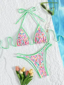 Two-Piece Floral Bikini Set, Adjustable Straps, Trim Decor, Women's Swimwear, Summer Beach Vacation Essential