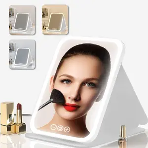 Portable Folding Makeup Mirror, USB Rechargeable Tri Color Dimmable Touch Screen Makeup Mirror, Foldable Makeup Mirror for Bedroom, Desktop, Student Dormitory, Office