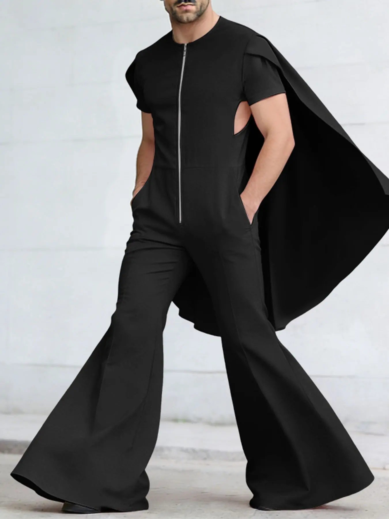 INCERUN Men's Fashion Casual Romper, Deconstructed Zipper Solid Color Polyester Cape Romper, with Pockets, Suitable for Daily Wear, Stylish and Comfortable, Menswear
