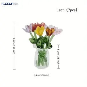 2026 Mini Handcrafted Glass Artificial Flowers Set With Vase, Realistic Simulation Glass Floral Ornaments, 8 Flowers DIY Mixed Bouquet Arrangement, Aesthetic Faux Glass Flower Decor For Home Table Display, Party Event Decoration And Holiday Gift