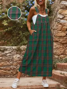Plus Size Women's Dress Summer Plaid Casual Apron Skirt Pocket Design, Womenswear, Comfortable and Stylish, Perfect for Daily Wear