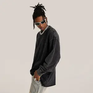 Oversized Snow Wash Cotton Longsleeve T-Shirt Streetwear Menswear Crewneck Fabric