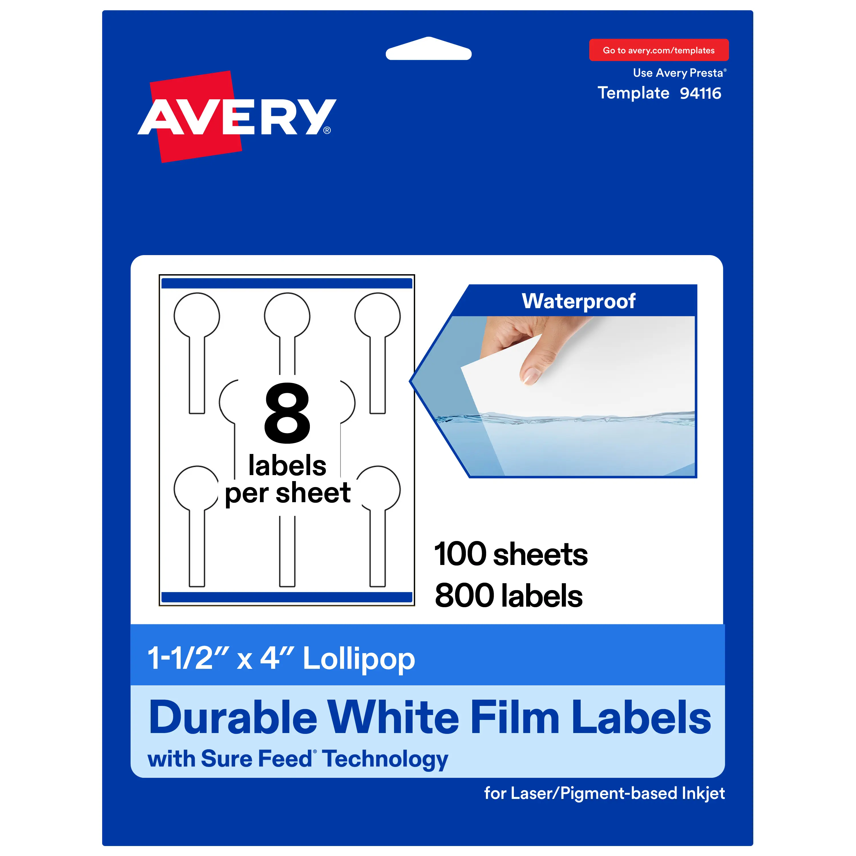 Avery Durable Waterproof Lollipop Labels with Sure Feed, 1.5" x 4"