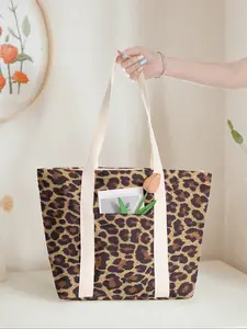 Leopard Print Large Capacity Tote Bag, Commuter Shoulder Backpack with Zipper Closure, Ideal for Gym Beach Work Travel, Handbag Tote Bag