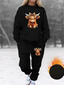 Women's Fall Winter Fleece Sweatshirt Set, Cute Highland Cow Print, Fashion Streetwear Long Sleeve Round Neck, Drawstring Pants Two-Piece