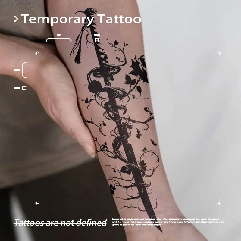 Japanese Vine Flower Samurai Sword Herbal Juice Temporary Tattoo Semi‑Permanent Waterproof Long‑Lasting Cool Fake Tattoo Stickers for Forearms Men Women