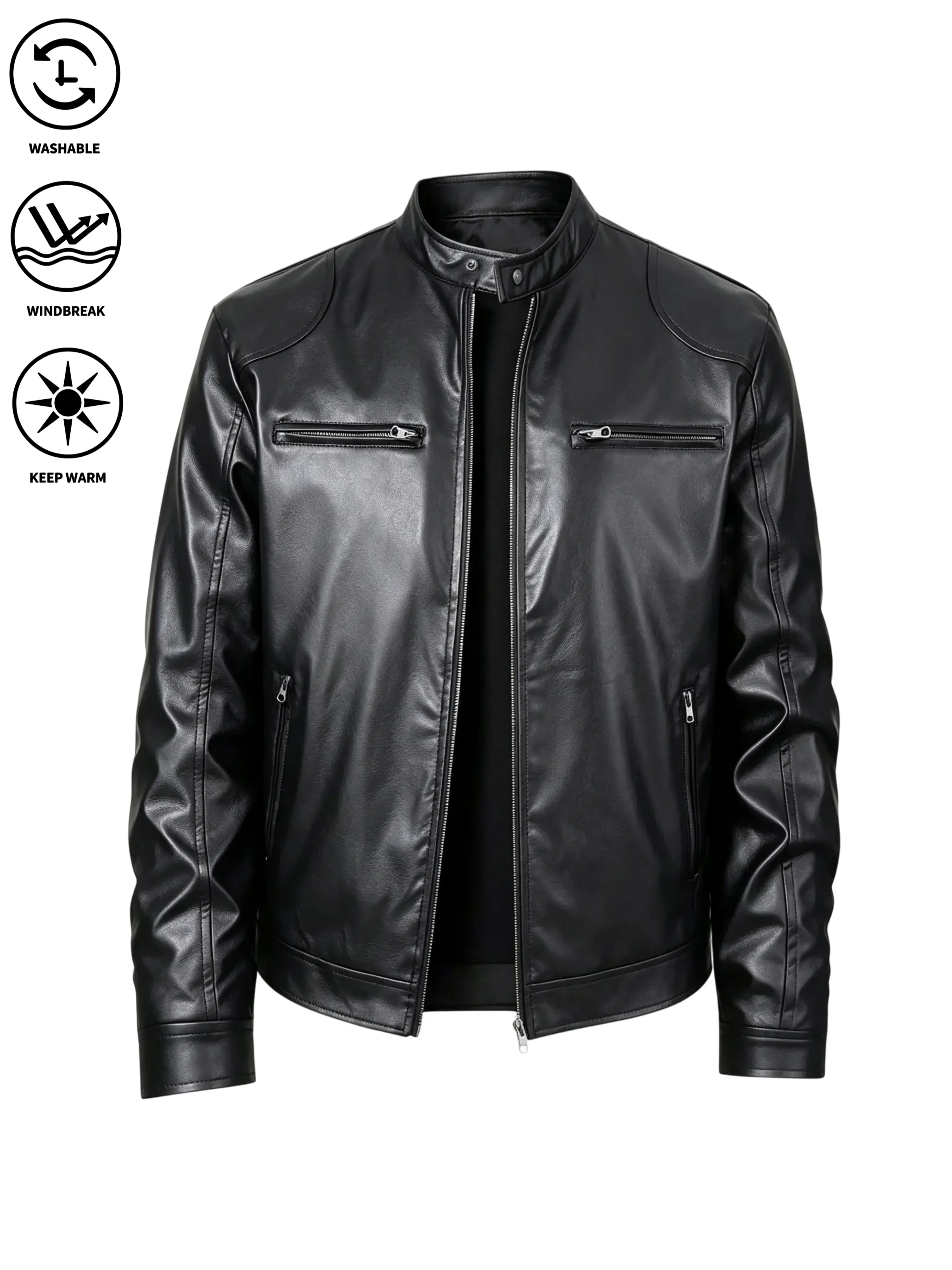 Men’s stand-collar motorcycle-style jacket, a casual athletic top suitable for street wear, retro styling, and everyday outings; it has a structured, well-defined fit and is ideal for outdoor riding, street photography, racing, and similar activities.