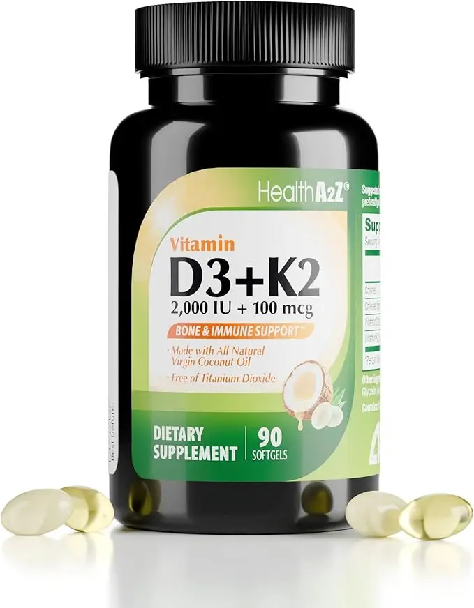 HealthA2Z Vitamin D3 (2,000 IU) + K2 (MK-7) Made with Virgin Coconut Oil (Natural MCTs) - 90 Softgels (Pack of 1) - Helps Calcium Absorption for Bones, Teeth, Mood & Immune Health