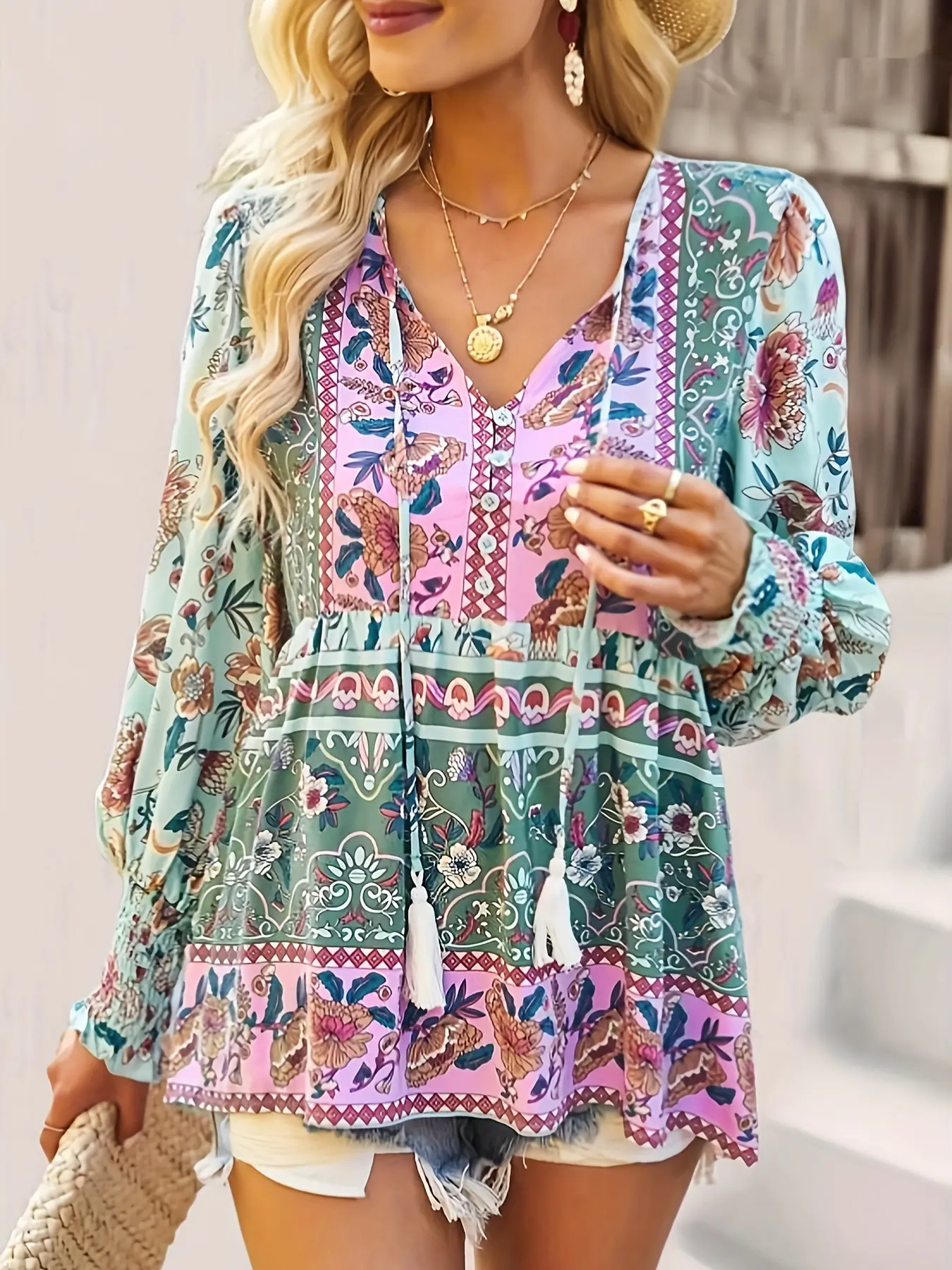 A women's floral Woven V-neck tie-front floral wide-sleeved long-sleeved Loose Fit drape shirt Blouse Vneck with a beachy Bohemian style Womenswear Top Boho Botanical Floral Shirt Boho Chic Blouse