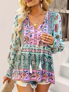 A women's floral Woven V-neck tie-front floral wide-sleeved long-sleeved Loose shirt Blouse with a beachy Bohemian style Womenswear Top Boho