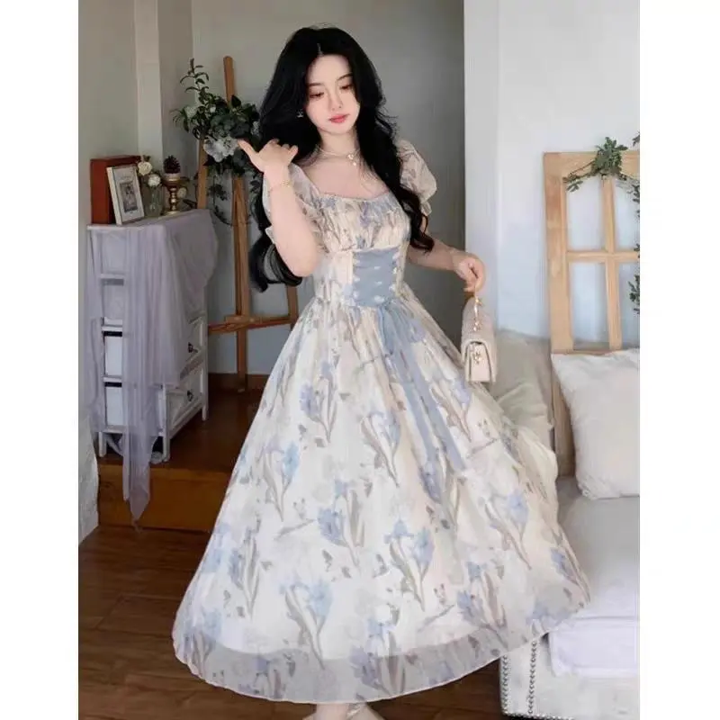2000s Vintage Floral Midi Dress Women Fairy Elegant Ruffles Puff Short Sleeve Dresses Summer Vacation Korean Lace Up Vestidos Womenswear Casual