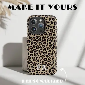 Stylish leopard print DIY phone case with customizable initials for your name. Durable, shock-absorbing, glossy finish. Compatible with iPhone 17, 16 pro , 15, 14, 13, 12, 11, X, Samsung, and other models. Makes a great holiday gift for friends or family.