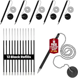 18 Pack Security Desk Pen with Chain Adhesive Base 23" Chain Pen Holder Includes 6 Black Pens 12 Black Refills for Office Counter Reception Use