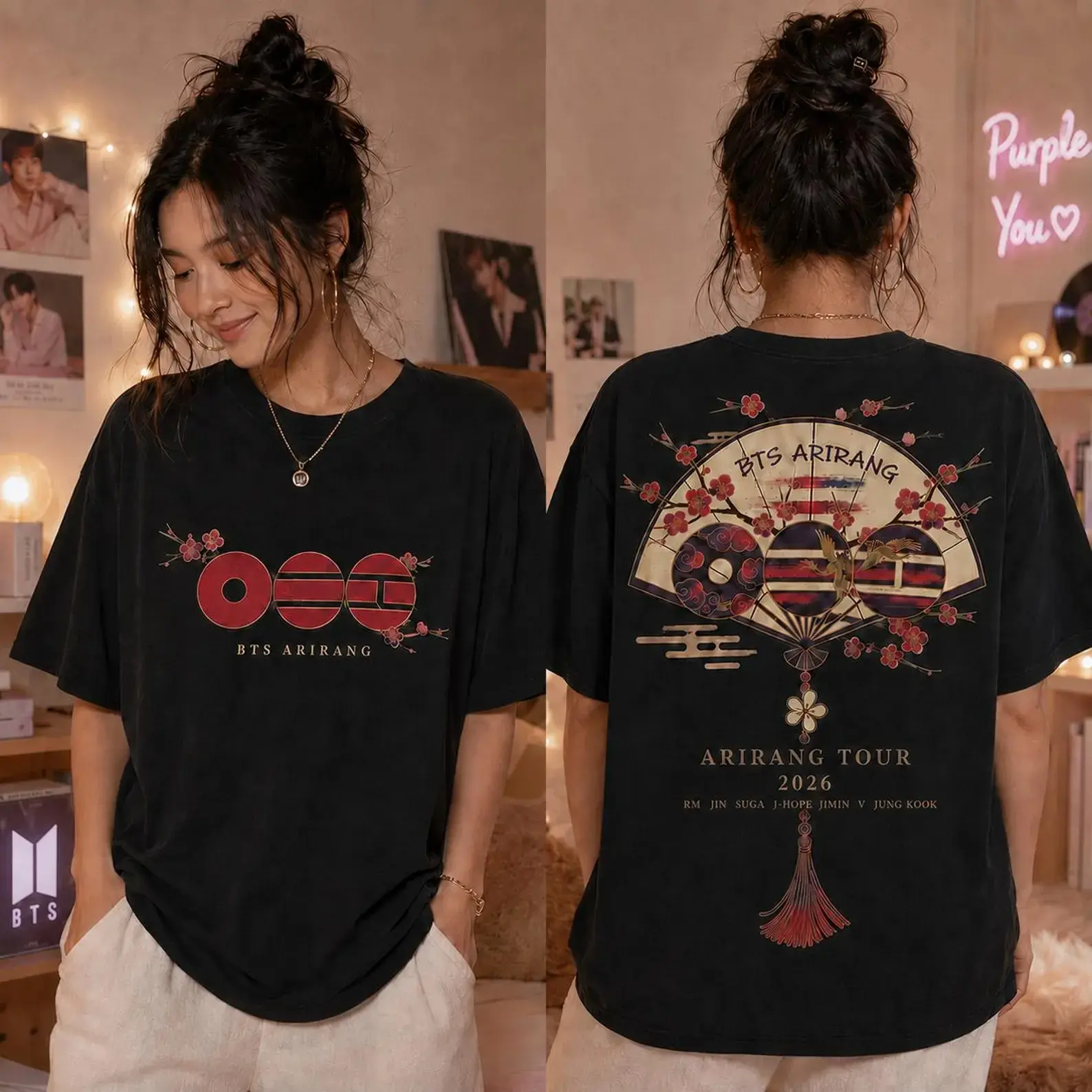 Arirang Korean Folding Fan Shirt, Two Sided Cherry Blossom Tour 2026 Tee, Red Black Kpop Concert