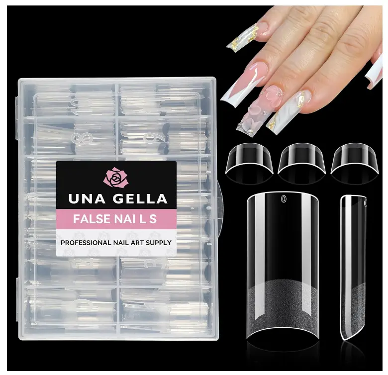 UNA GELLA No C Curve Medium Square Nail Tips 216 Pcs Pre-file Half Cover Straight Square Gel Nail Tips Clear Fake Nails Tips Half Matte Long Lasting