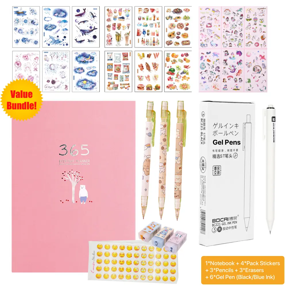 365 Planner Set [Not-Dated] Hardcover Journal Kit Value Bundle Notebook School Office Supply Variety of Stationery Gel Pens Stickers Pencils Erasers
