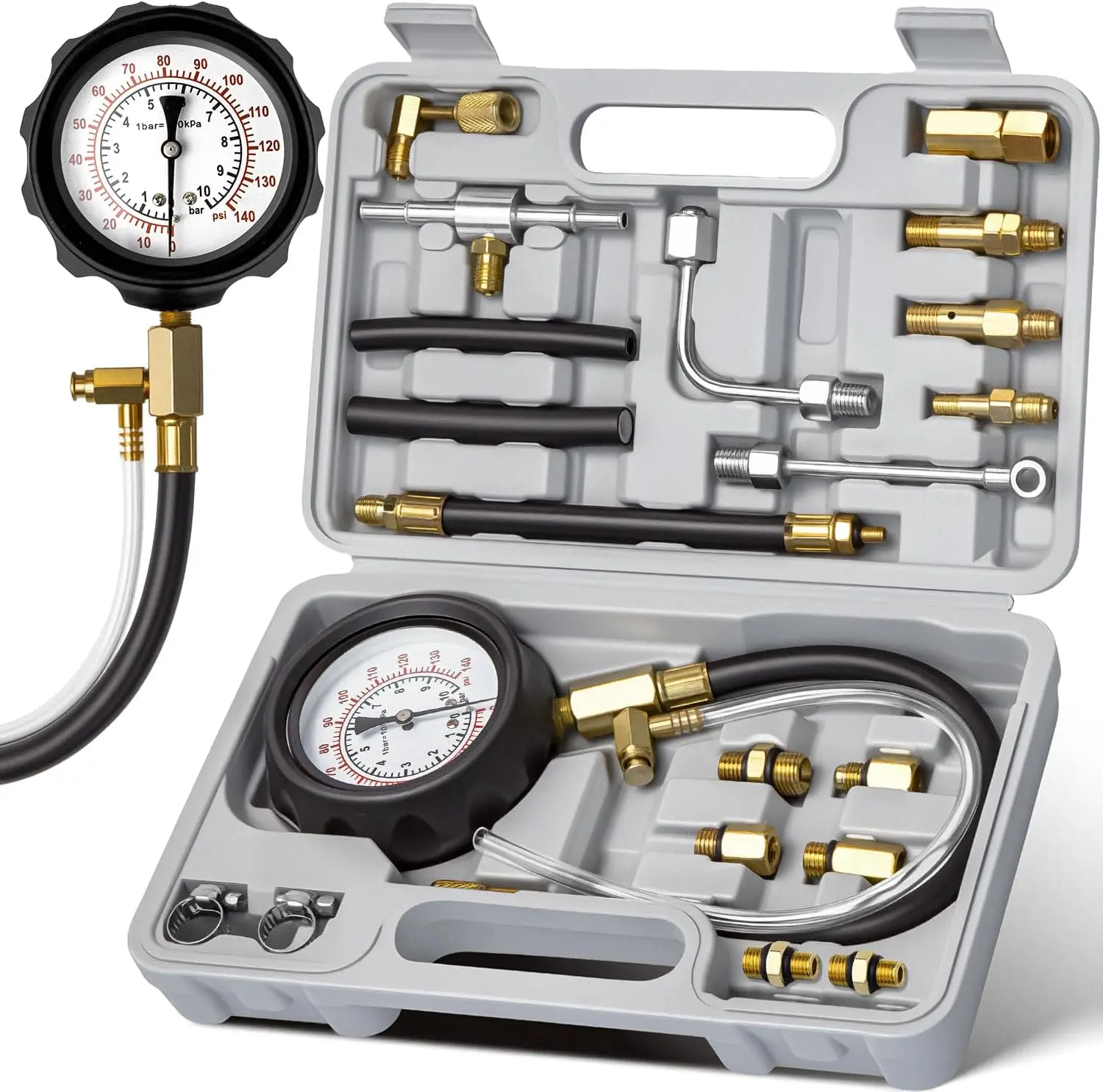 Fuel Pressure Tester Kit 0-140PSI with Adapters for Cars, Trucks, ATVs, Fuel Pump Injector, Fuel Pressure Gauge Diagnostic Tool