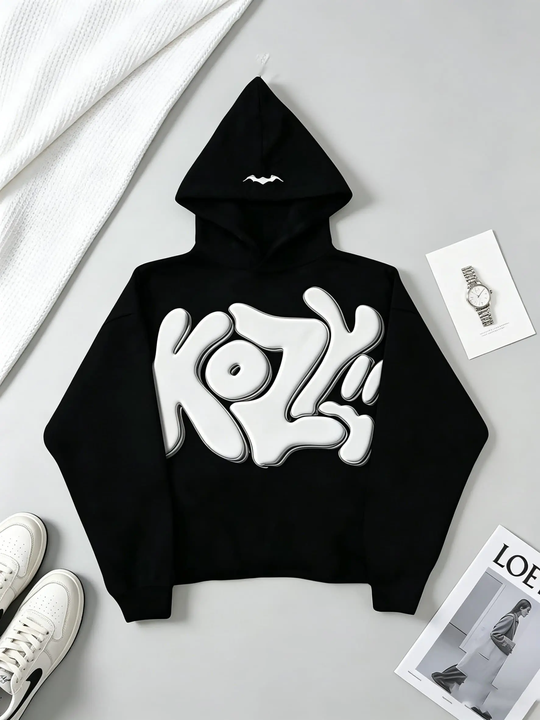 Y2K KOZY Graffiti Hoodie, Men Women Oversized Streetwear Sweatshirt, Gothic Bubble Letter Print Pullover with Bat Detail, Casual Harajuku Style Gamis Operator