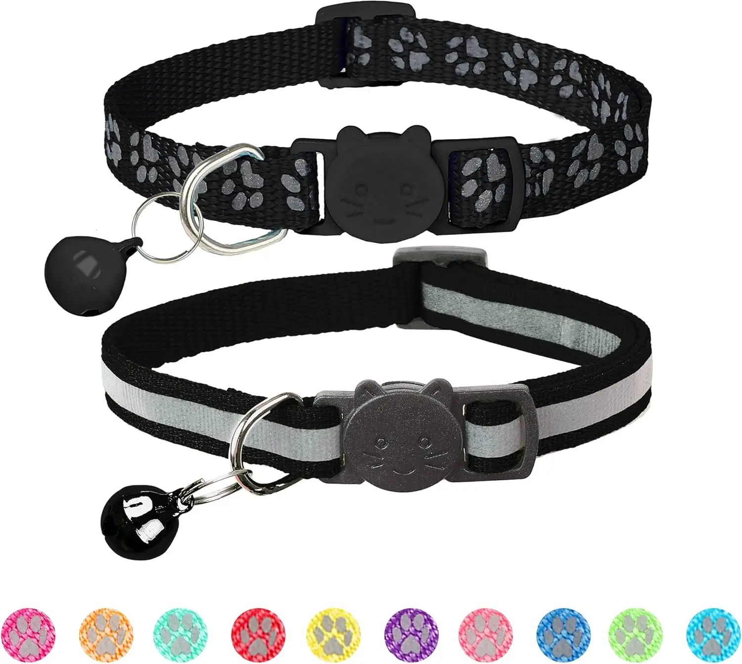 2-Pack Decorative Cat Collars, Bird-Safe Nylon Strap Deterrent Collars with Bells, Quick Release Paw Prints Safety Buckle, Flexible Reflective Night Visibility Design, Adjustable 7.5-12.5 in, Black, Quick Release Buckle
