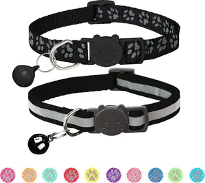 2 Pack Breakaway Cat Collars with Bells Reflective Design Claw Print Safety Buckle Adjustable 7.5 to 12.5 Inches Black