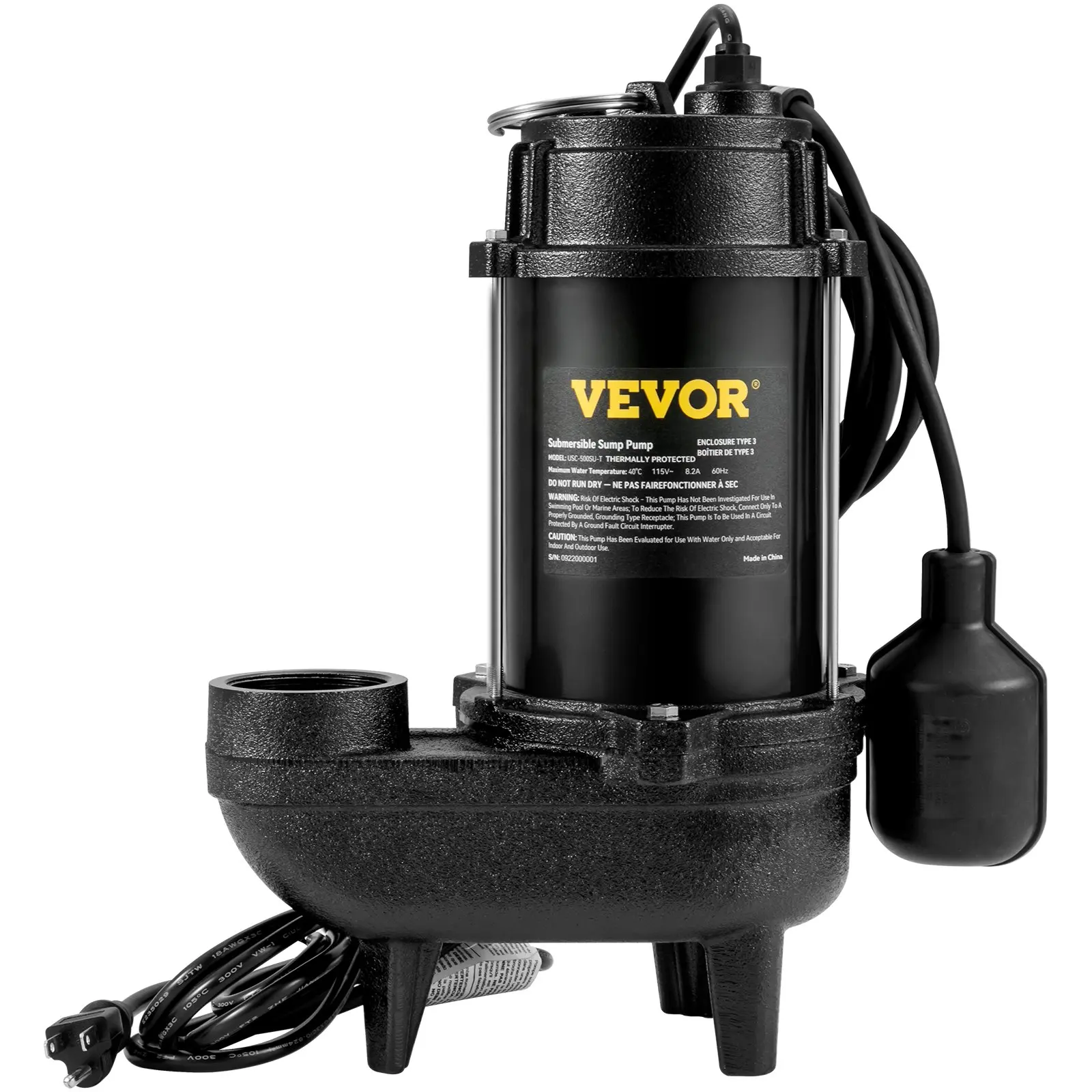 VEVOR Home Submersible Sewage Pump, 0.75 HP (3/4 HP), 5880 GPH, 1050W High-Efficiency Copper Motor, Durable Cast Iron, 2 Outlets, 10 ft Piggy-Back Float Switch, Thermal Safety, Manual vs Automatic Operation, Ideal for Septic Tanks, Basements