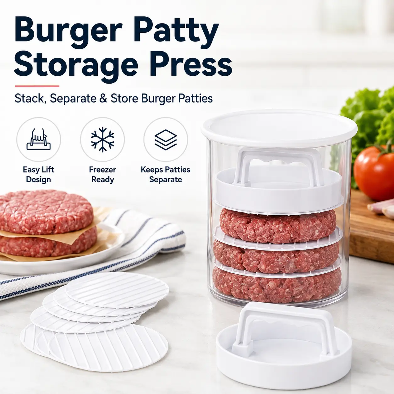 Burger Patty Storage Container with Press Lid, Stackable Freezer Meat Organizer