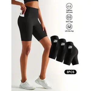Women's 3-Pack 5-Inch High Waist Biker Shorts - Squat-Proof Gym Shorts with Side Pockets, Ideal for Yoga, Running & Lounge