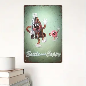 Fallout Inspired Bottle and Cappy Vintage Metal Sign - Weather-Resistant Aluminum Wall Art for Home Decor, Cafe, and Shop - Rustic Cartoon Aesthetic Poster - Dustproof Indoor/Outdoor Decoration - Ideal for Christmas and Holiday Gifting