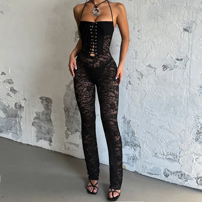 YY23476SK-Women's Sexy Basic Lace Hollow-Out Strappy Halter Tie Bodycon Backless Overalls - Elastane-Polyamide Fabric, Going Out Outfit, Clubwear, Backless Strappy Jumpsuits & Rompers for Summer Autumn