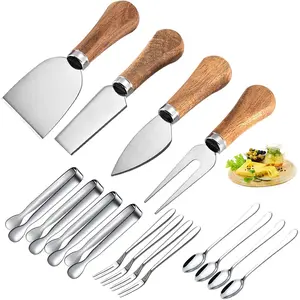 4 Pieces Cheese Knife Set with Wooden Handles Stainless Steel Cheese Knives, Cheese Spreaders, Butter Knife, Mini Serving Tongs, Forks, Charcuterie Board Accessories for Party, Wedding, and Christmas