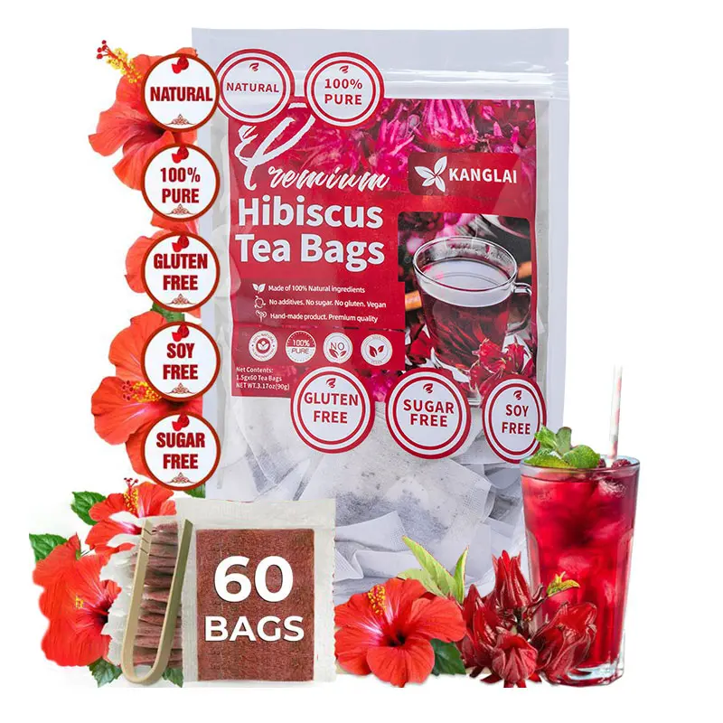 60-Bag Value 100% Natural Dried Hibiscus Flower Herbal Tea Bags, Caffeine-Free, Cholesterol-Free Beverage with No Additives for Kombucha Tea Brewing