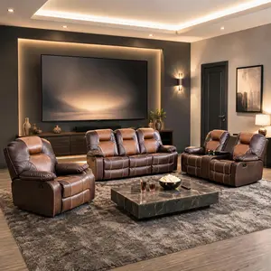 ainehome Modern Genuine Leather Recliner 3-Piece Living Room Furniture Set - Couch, Living Room Couches, Loveseat, Cup-Holder, Reversible Coffee Table, Breathable Davenport