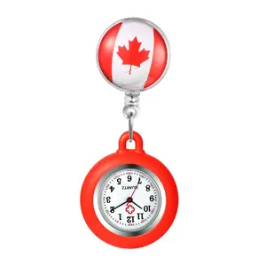 Retractable Nurse Fob Watch with Canadian Flag Silicone Cover, Lightweight Quartz Pocket Watch for Healthcare Workers