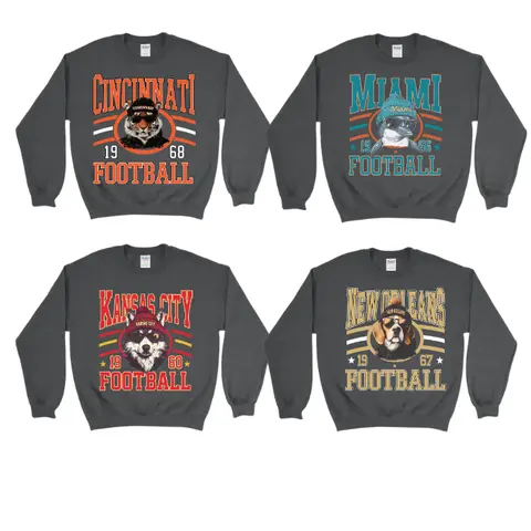 New Retro Style Varsity ALL TEAM FOOTBALL Crewneck Sweatshirt - Gildan DARK HEATHER, Long Sleeve, Medium Clothing Length - Spirit Animal Football, Sports Home Town, Menswear 8S
