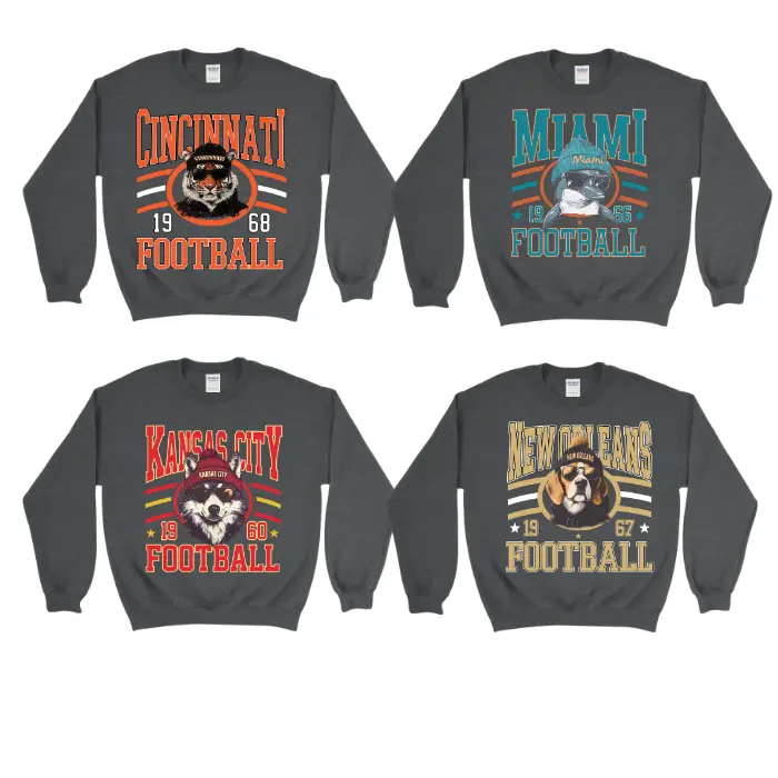 New Retro Style Varsity ALL TEAM FOOTBALL Crewneck Sweatshirt - Gildan DARK HEATHER, Long Sleeve, Medium Clothing Length - Spirit Animal Football, Sports Home Town, Menswear 8S