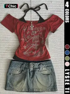 Women's Fashion and Casual Y2K Skull Printed Halter Tie Fitted T-Shirt, Streetwear, Versatile, Comfort, Wear, Style, Outfit, Essential, Trendy, Chic, Elegant, Classy, Modern, Stylish, Daily, Perfect for Every Day