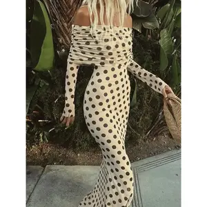 Elegant Polka Dot Mesh Dress, Off-Shoulder Long Sleeve Vintage French Bodycon, Autumn Winter Women's Fashion, Formal Bodycon Dress