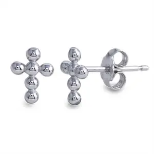 Mother's Day Gift Womens Cross Stud Earrings Bead Ball Design 925 Sterling Silver Pushback