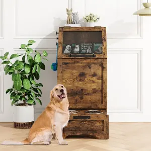 【GARVEE】Pet Food Cabinet with 2 Elevated Bowls, Dog Feeding Station, Ample Storage for Food and Toys, Concealed Feeder, Flip-Top Design, Available in Brown and Grey, Modern and Functional Dog Storage Solution