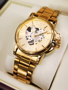 1pc Fashion Elegant Ladies Watches Top Brand Luxury Skeleton Automatic Analog Mechanical Watch for Women Golden Stainless Steel Strap Business Casual Wristwatches Gifts With Box