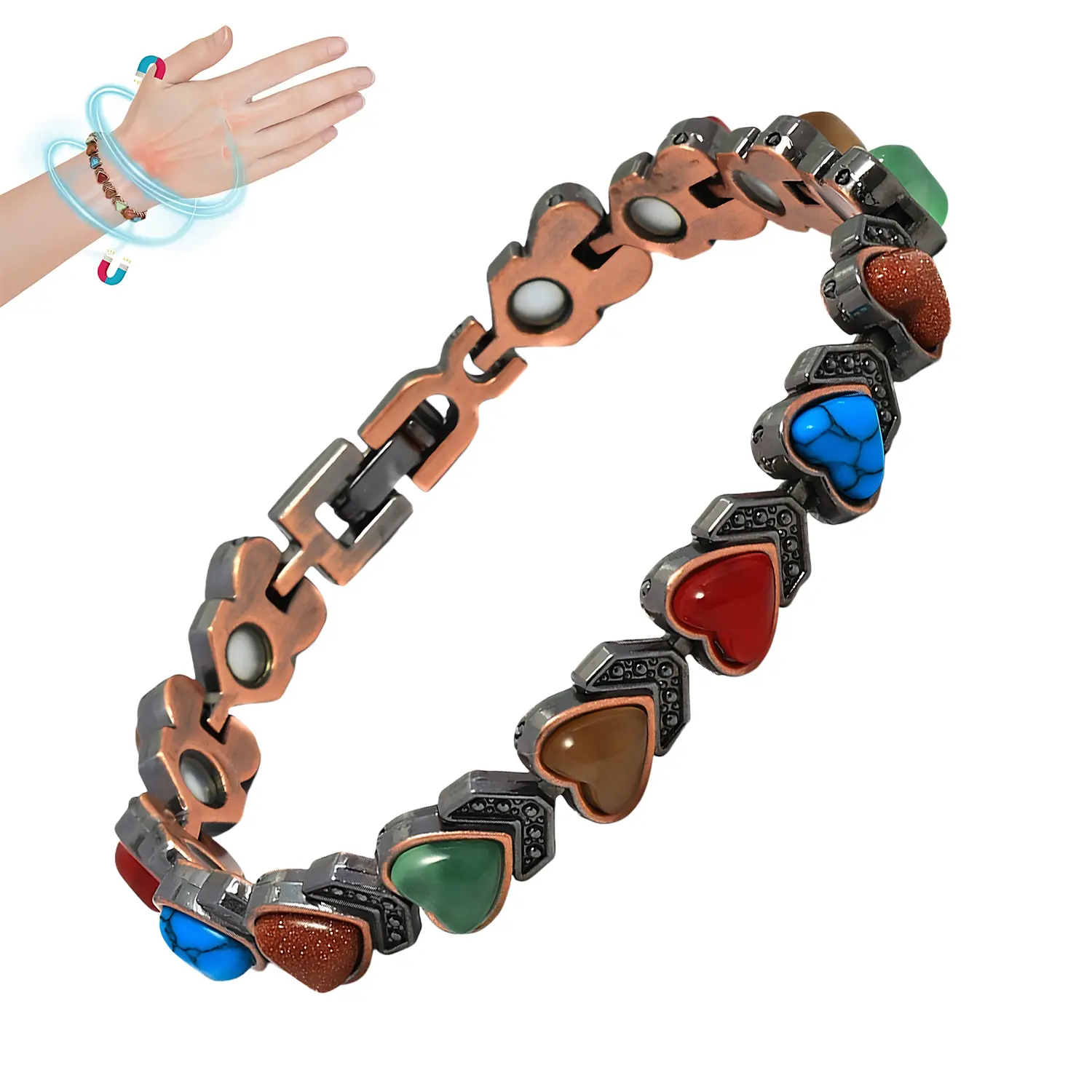 Women's Pure Copper Magnetic Bracelet - Adorned with Natural Unique Gemstones, Stylish & Health - Beneficial Copper Bracelet, Perfect for Daily Wear, Ideal Gift for Women, Elegant Jewelry to Elevate Any Outfit, Great Choice for Those Seeking Fashionable