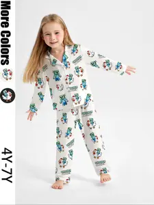 Anime Character Print Fire Retardant Fabric Sleepwear Set, Cute Casual Long Sleeve Top & Loose Pants, All Seasons