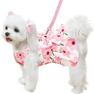 Cute Dog Dress Small Dog Clothes for Girls Female Puppy Outfits Pink Floral Pet Summer Clothes Bowknot Doggy Cat Princess Dress Harness Set for Holiday Birthday Party Costume Clothing