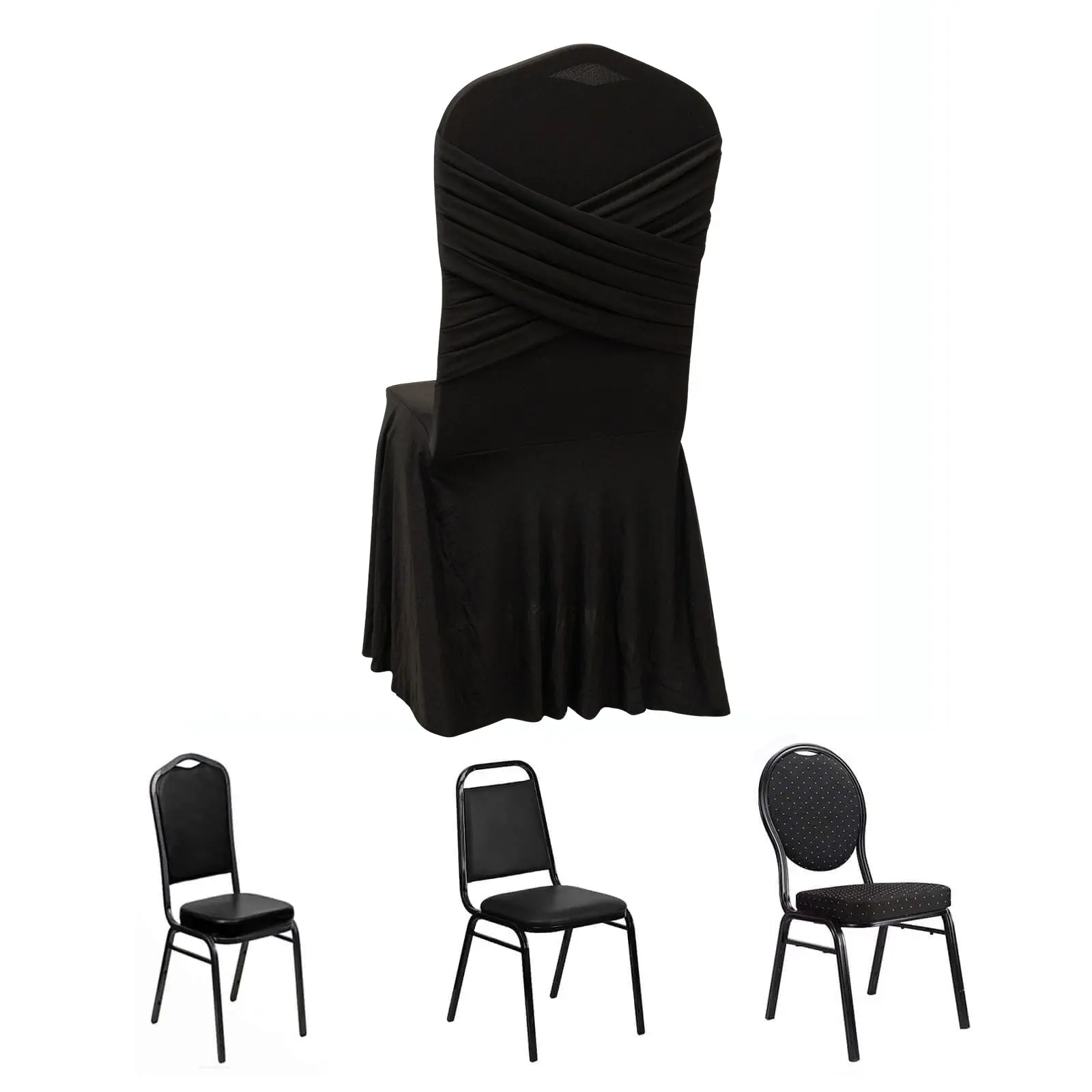 Spandex Banquet Chair Cover with Ruffle Pleated Skirt Cross Back Sash – Black Stretch Fitted Slipcover for Weddings & Events, Party Chair Covers, Stretch Chair Slipcovers