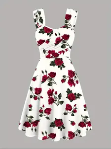 Women's Rose Print  Dress, Casual Fashion Sleeveless Dress for Daily Outdoor Wear, Women Dress for Summer