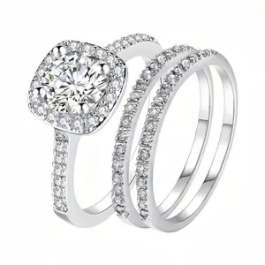 3-Piece 1.5 CT Marquise Cut Moissanite Halo Ring Set - Wedding Engagement Eternity Jewelry, Silver, Sizes 5-11, Three Pieces