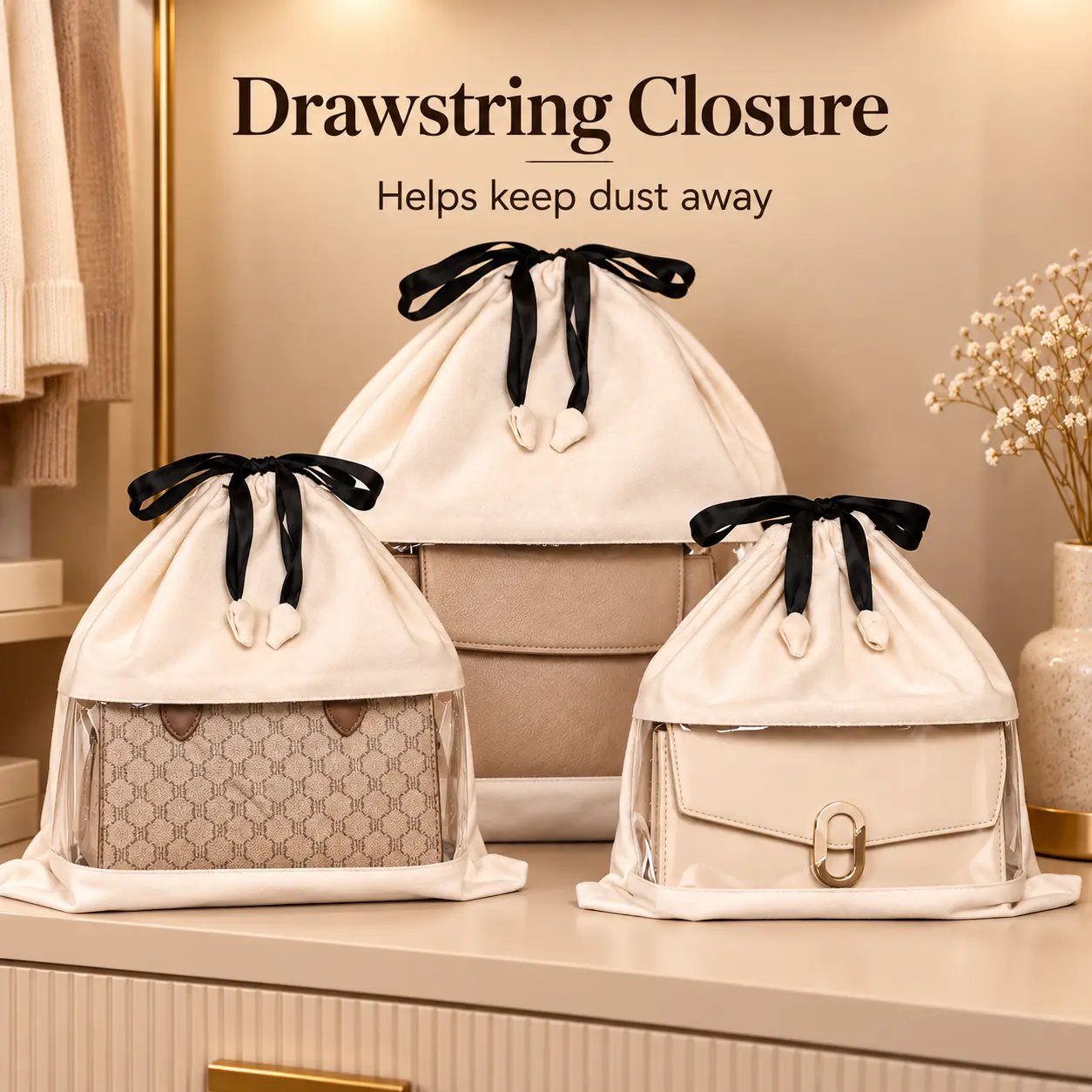 Soft Bags for Handbags, Drawstring Luxury Purse Storage Bag, Faux Suede Travel Organizer Pouch Dust Cover for Designer Handbags Shoes Clothes, Dust-Proof Closet Packing Protector