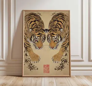 [UNFRAMED POSTER] Japanese Tiger Poster, Vintage Asian Wall Art Print, Traditional Oriental Painting Style Decor, Twin Tigers Artwork for Home or Office